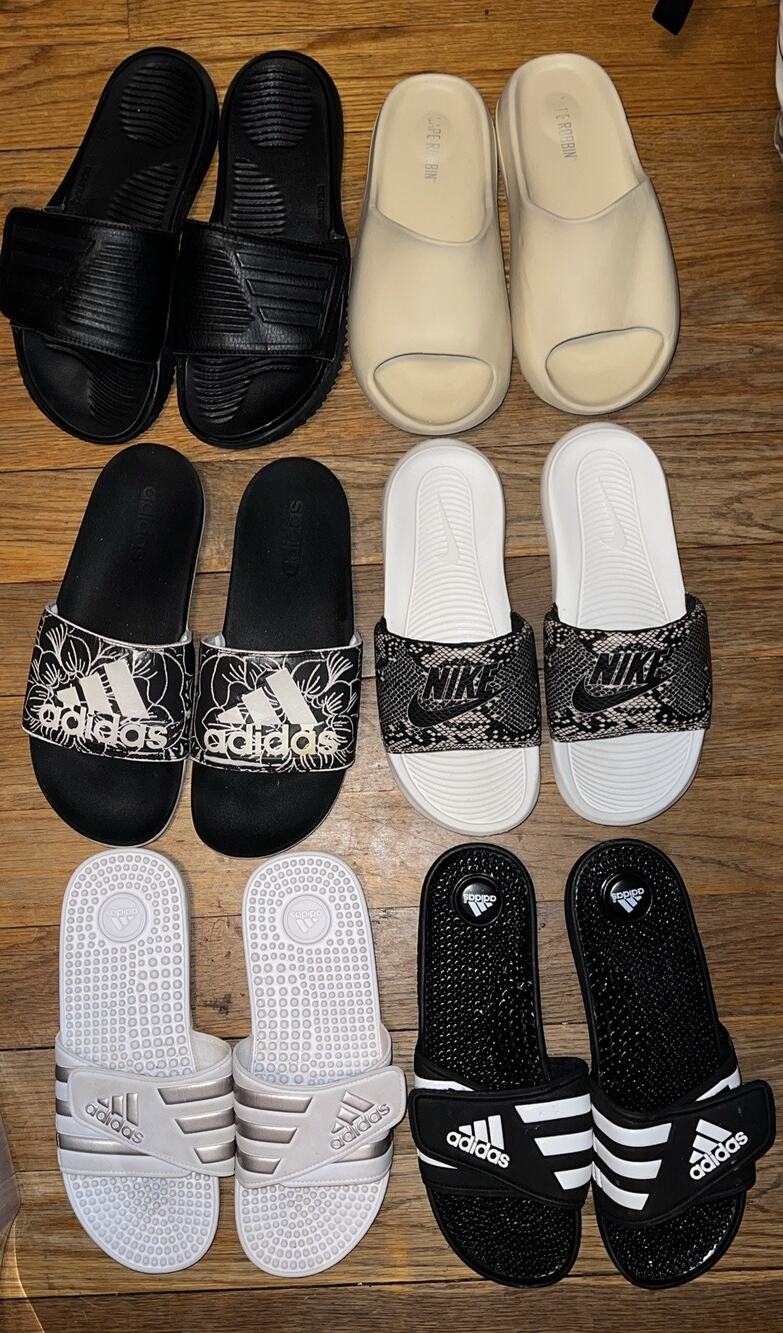 Nike and Adidas Slides 6 Pair Bundle Women Size 10/Men Size 9 RARE.yzy.adissage